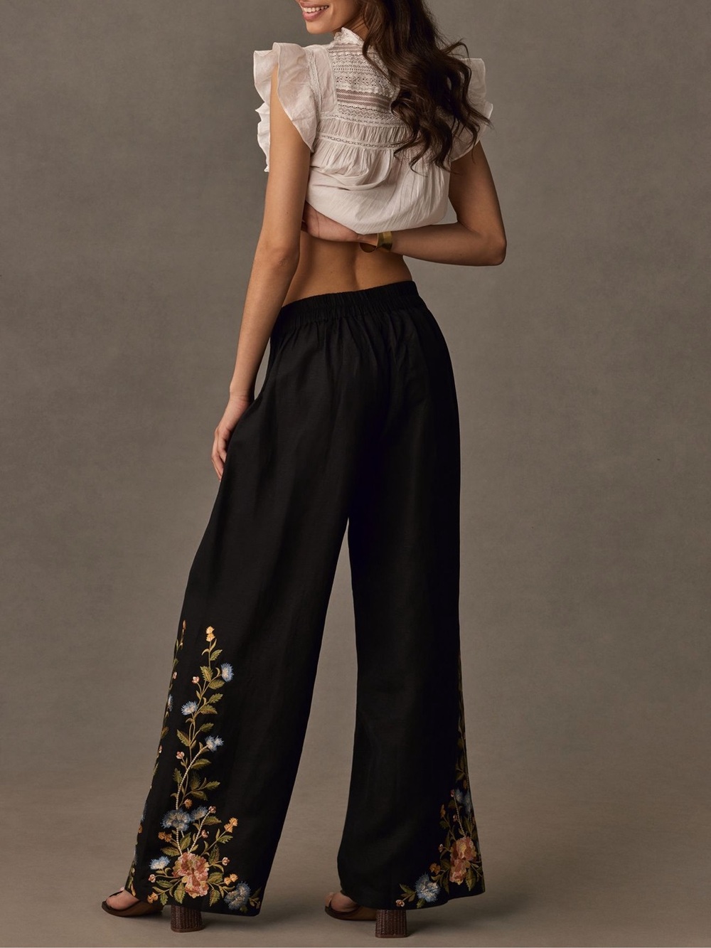 Anthropologie Ranna Gil Embroidered Floral Linen Wide Leg Pants - Picture 3 of 11